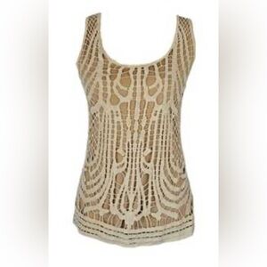 Verve Ami Beige and Metallic Gold Crochet Tank Top
